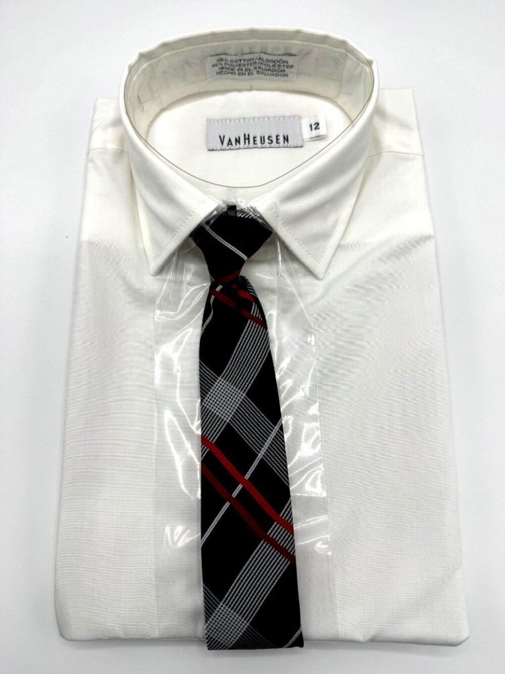 Van Heusen Boys White Dress Shirt-12 Regular-Blue Striped Clip Tie Long Sleeve